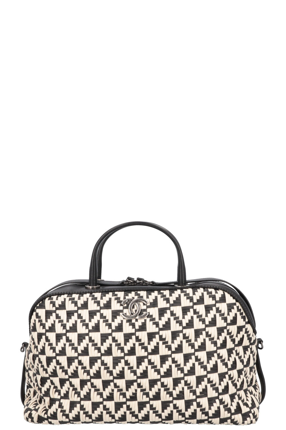 CHANEL Bowling Bag Woven Leather Black White