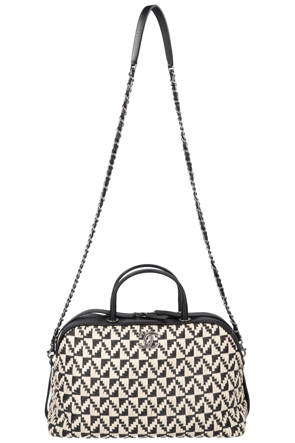 CHANEL Bowling Bag Woven Leather Black White