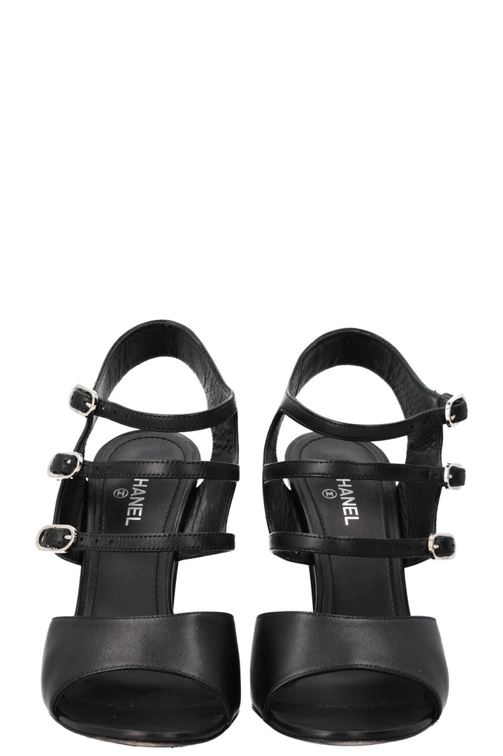 CHANEL Strap Sandal Heels Black Silver