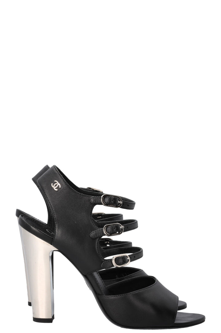 CHANEL Strap Sandal Heels Black Silver