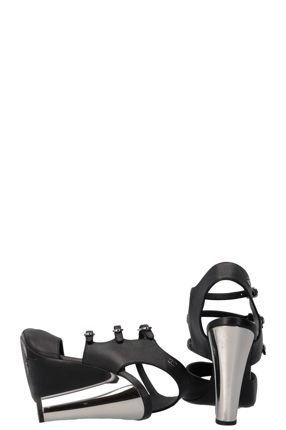 CHANEL Strap Sandal Heels Black Silver