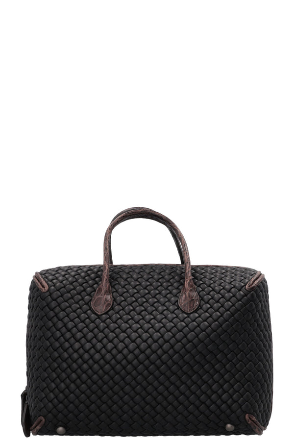BOTTEGA VENETA Intrecciato Croc Embossed Top Handle Bag Leather Black