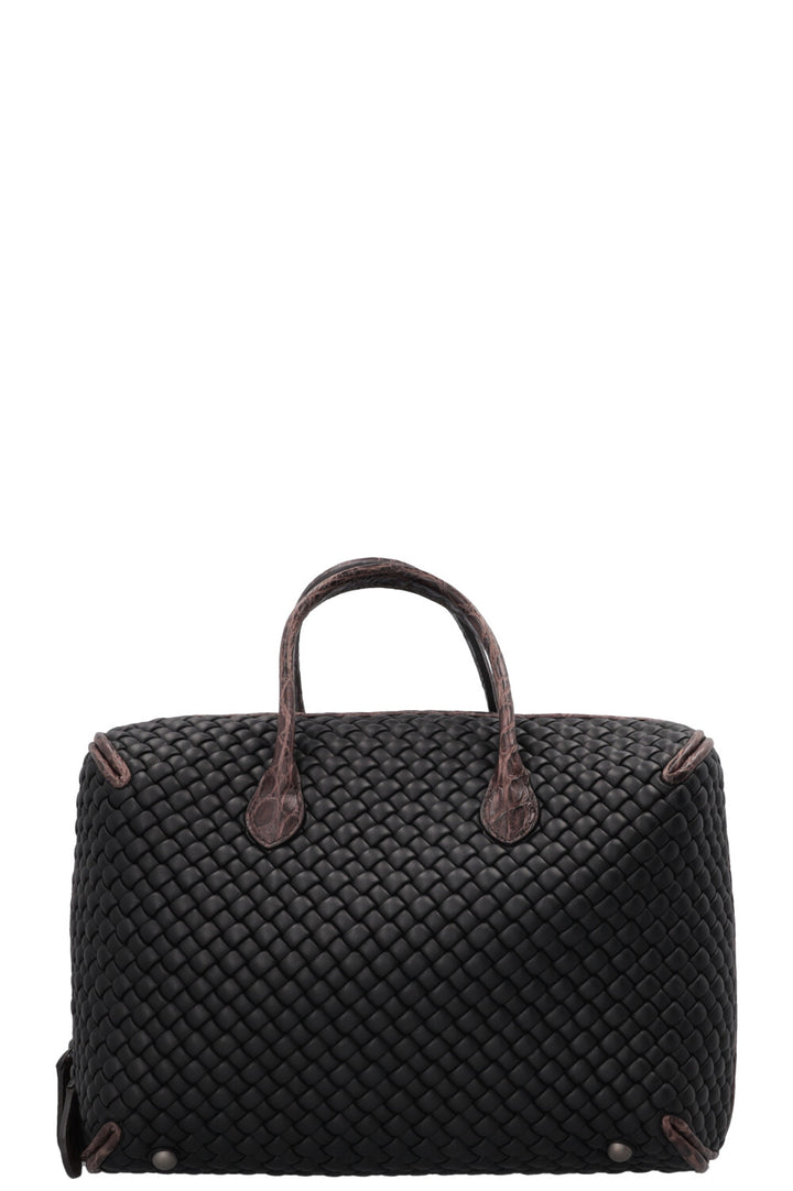 BOTTEGA VENETA Intrecciato Croc Embossed Top Handle Bag Leather Black