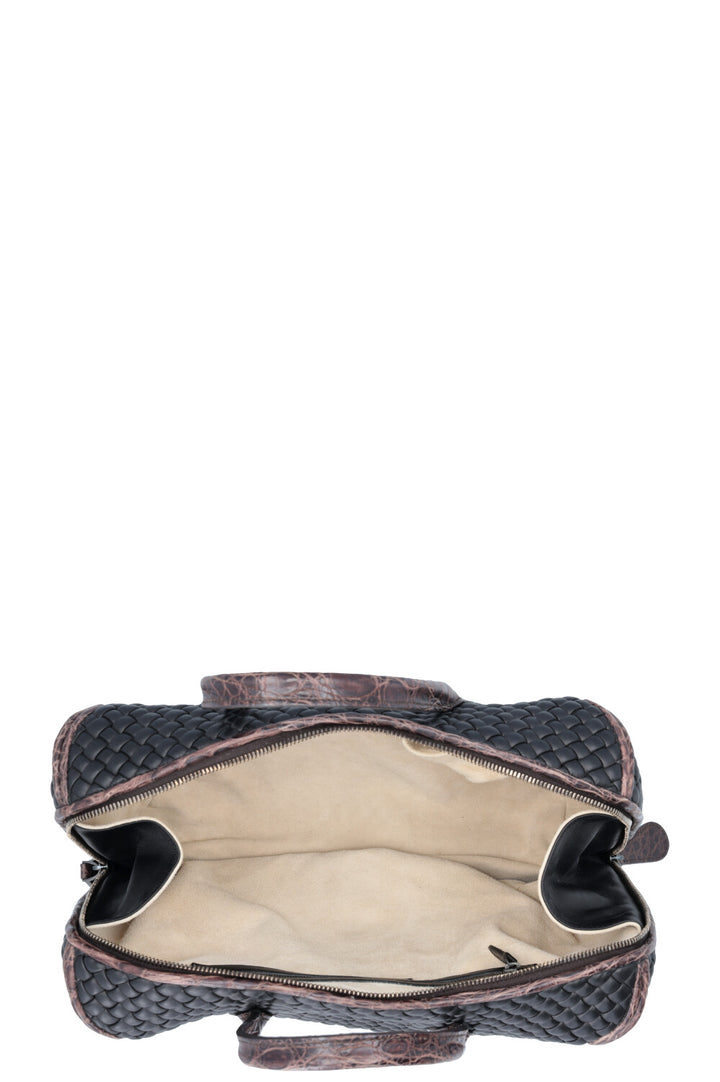 BOTTEGA VENETA Intrecciato Croc Embossed Top Handle Bag Leather Black