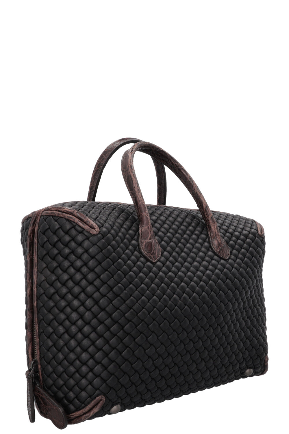 BOTTEGA VENETA Intrecciato Croc Embossed Top Handle Bag Leather Black