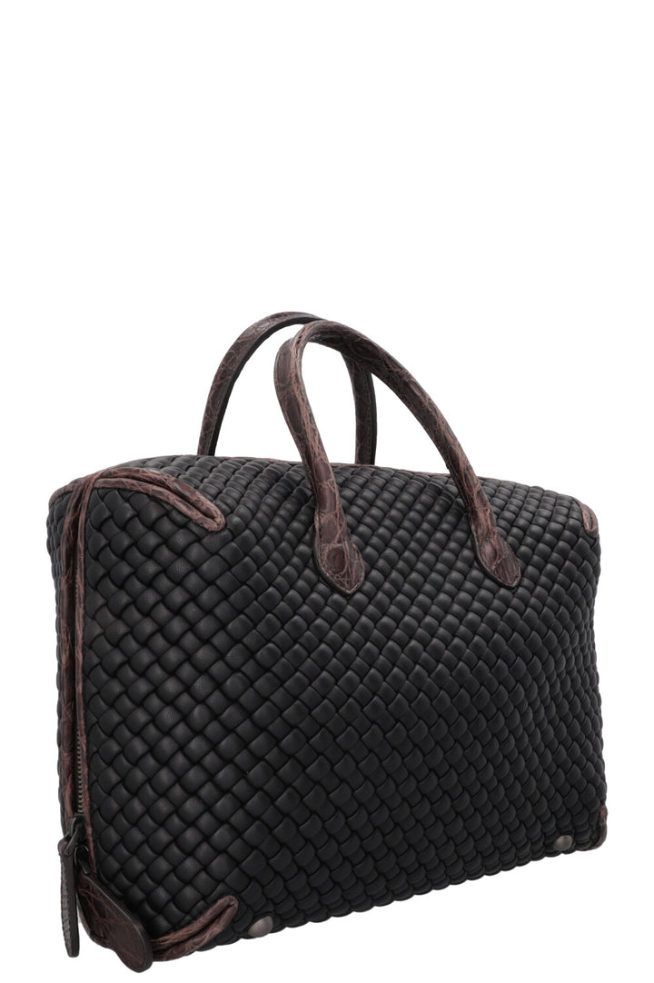 BOTTEGA VENETA Intrecciato Croc Embossed Top Handle Bag Leather Black