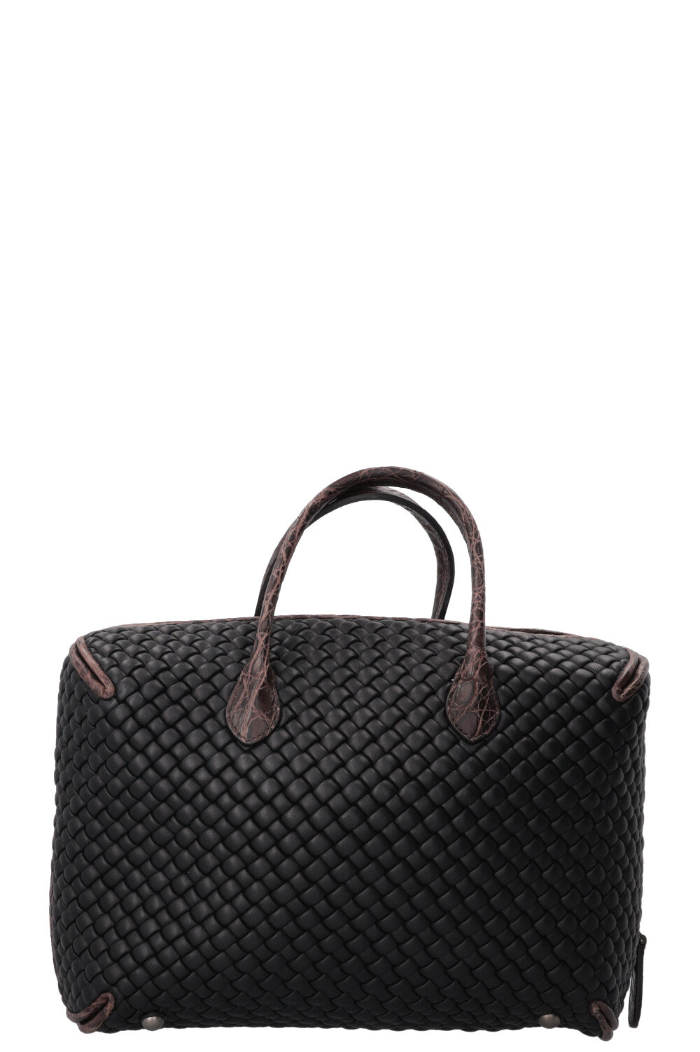 BOTTEGA VENETA Intrecciato Croc Embossed Top Handle Bag Leather Black