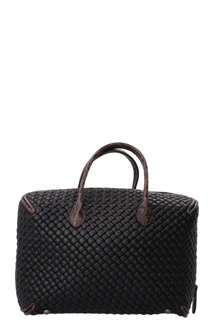 BOTTEGA VENETA Intrecciato Croc Embossed Top Handle Bag Leather Black