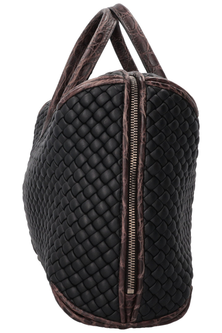 BOTTEGA VENETA Intrecciato Croc Embossed Top Handle Bag Leather Black