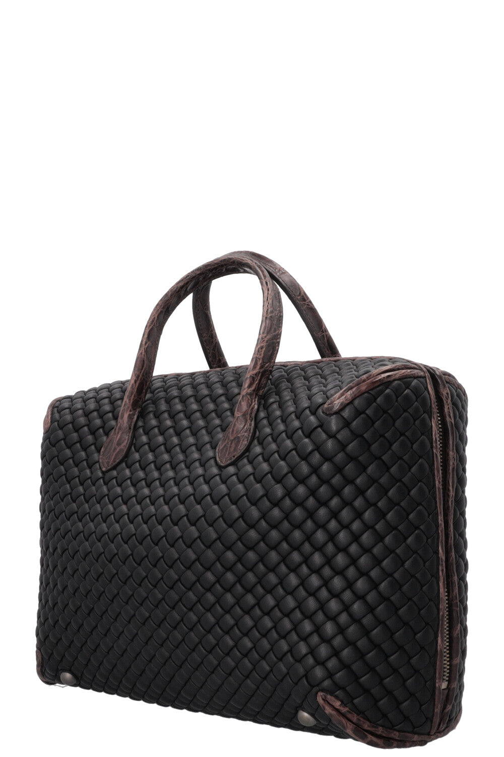 BOTTEGA VENETA Intrecciato Croc Embossed Top Handle Bag Leather Black