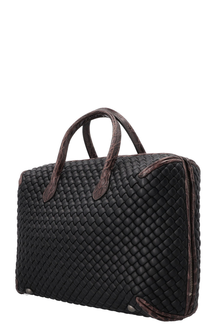 BOTTEGA VENETA Intrecciato Croc Embossed Top Handle Bag Leather Black