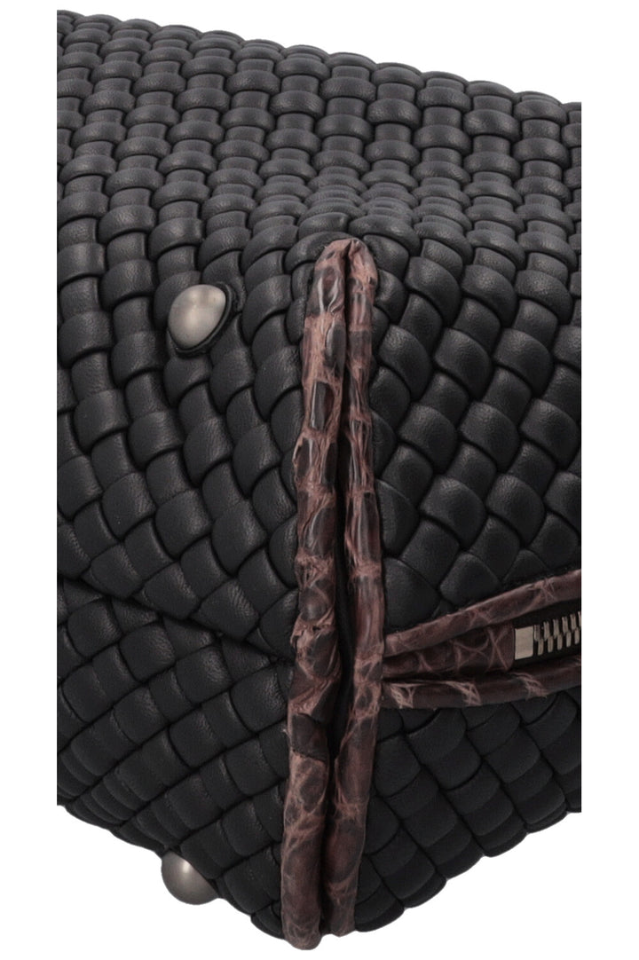 BOTTEGA VENETA Intrecciato Croc Embossed Top Handle Bag Leather Black