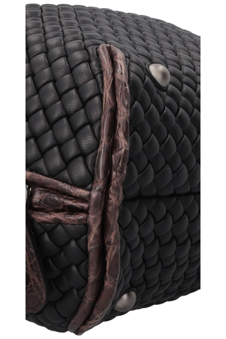 BOTTEGA VENETA Intrecciato Croc Embossed Top Handle Bag Leather Black