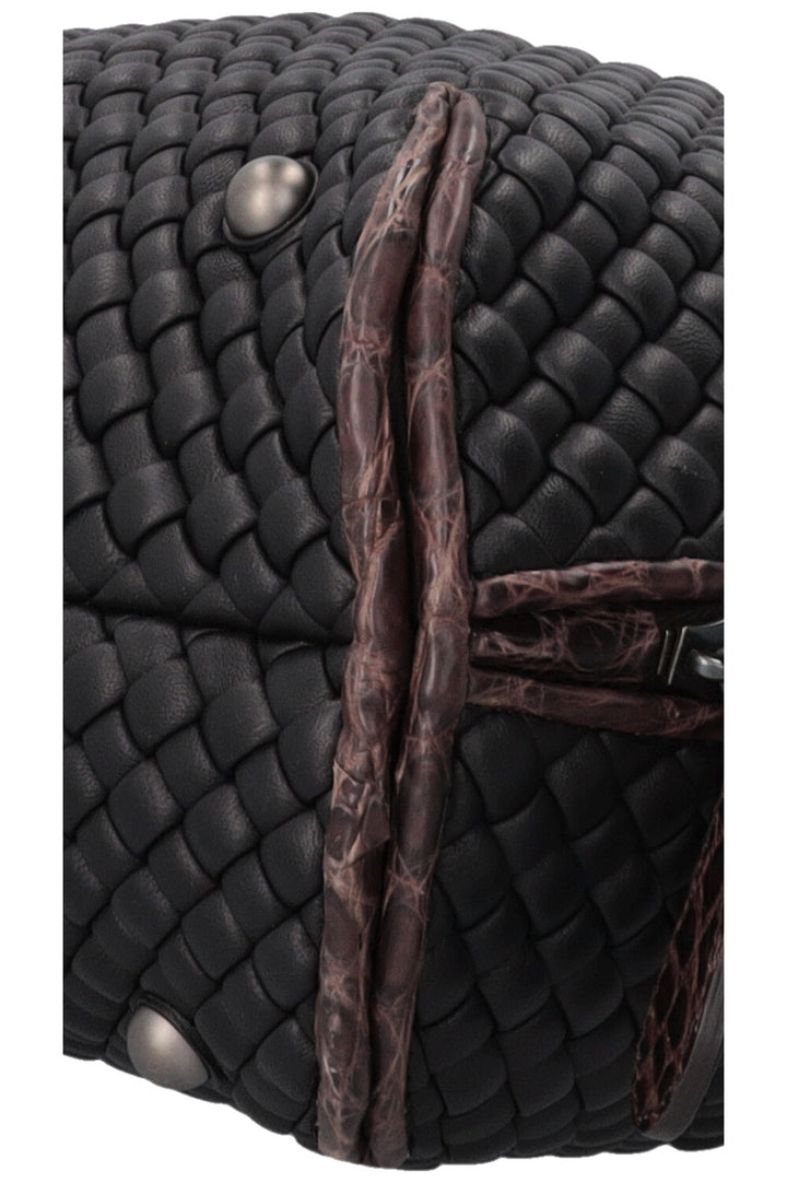 BOTTEGA VENETA Intrecciato Croc Embossed Top Handle Bag Leather Black