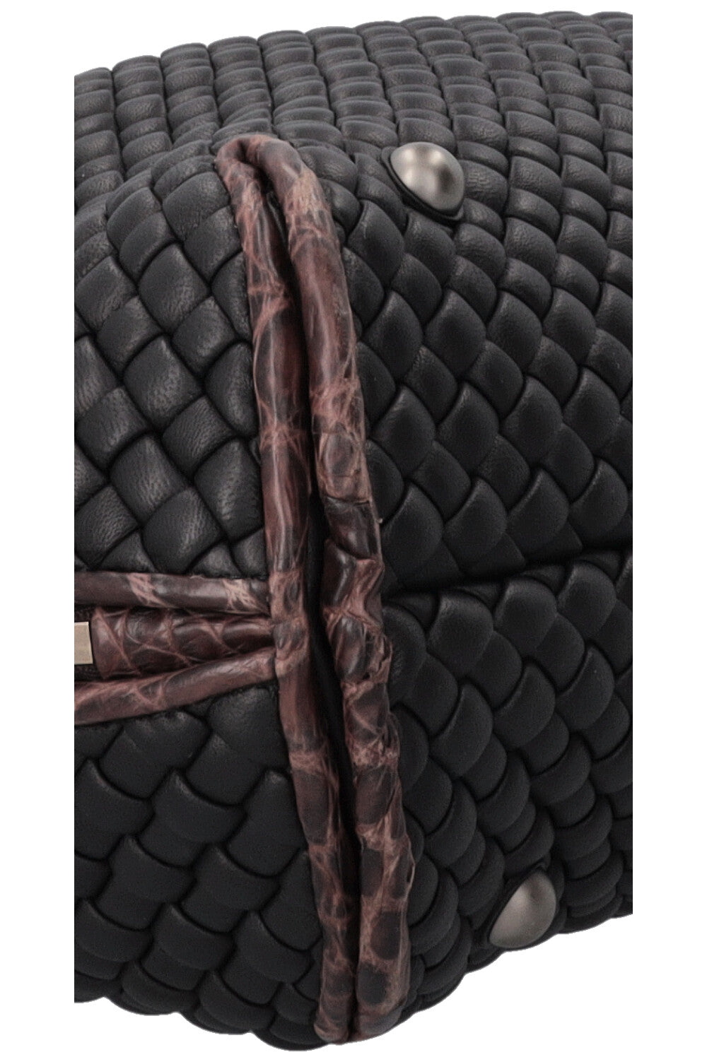 BOTTEGA VENETA Intrecciato Croc Embossed Top Handle Bag Leather Black