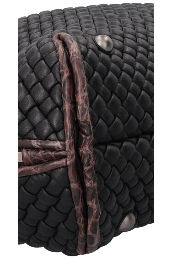 BOTTEGA VENETA Intrecciato Croc Embossed Top Handle Bag Leather Black