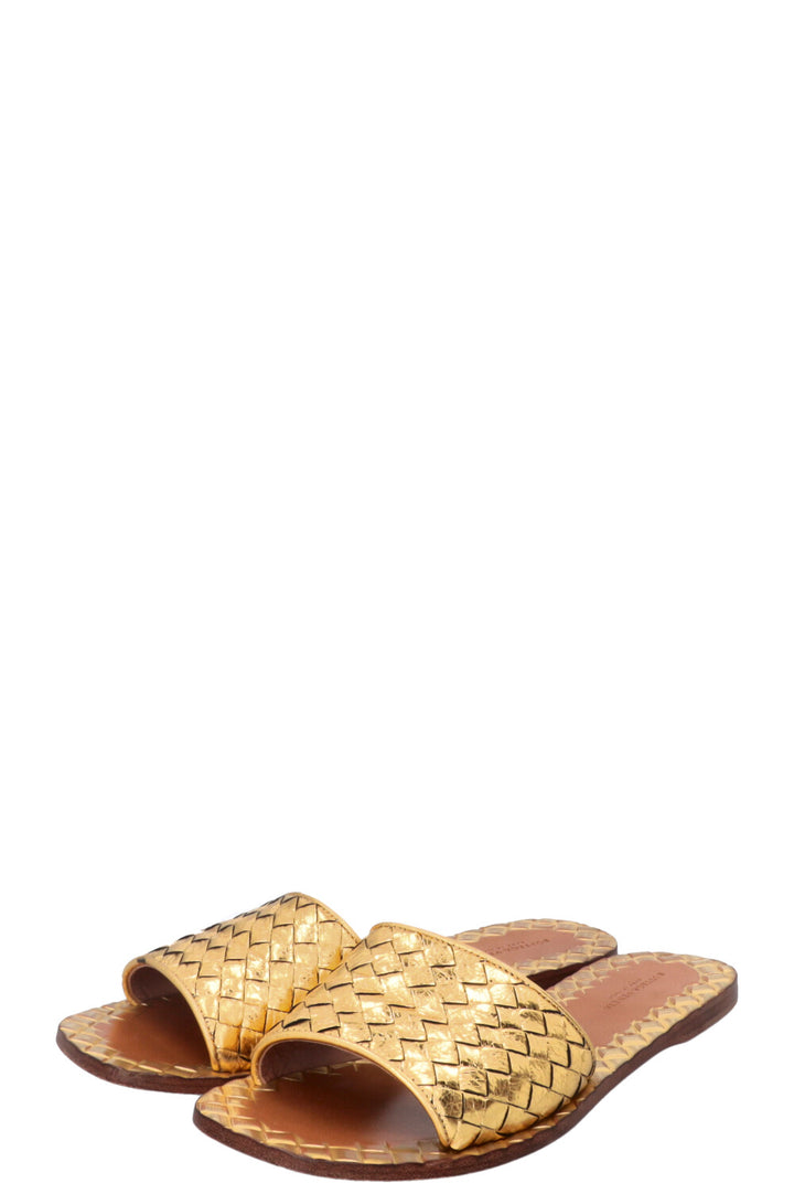 BOTTEGA VENETA Intrecciato Slides Leather Gold