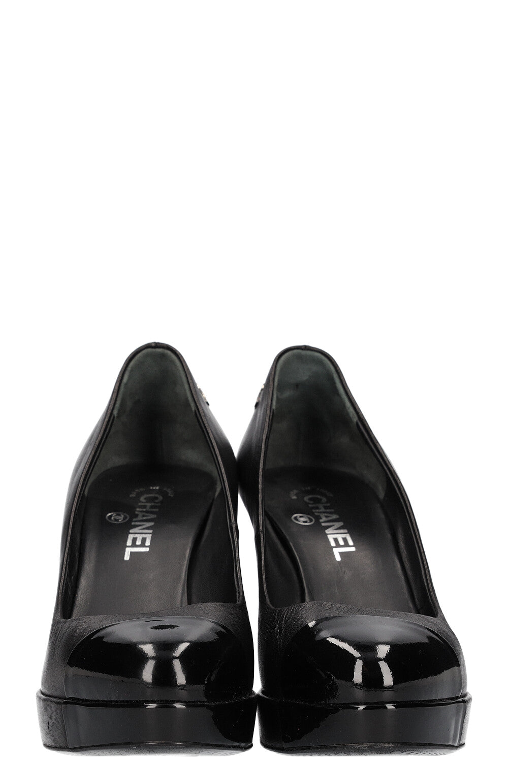 CHANEL Patent Cap Toe Heels Black