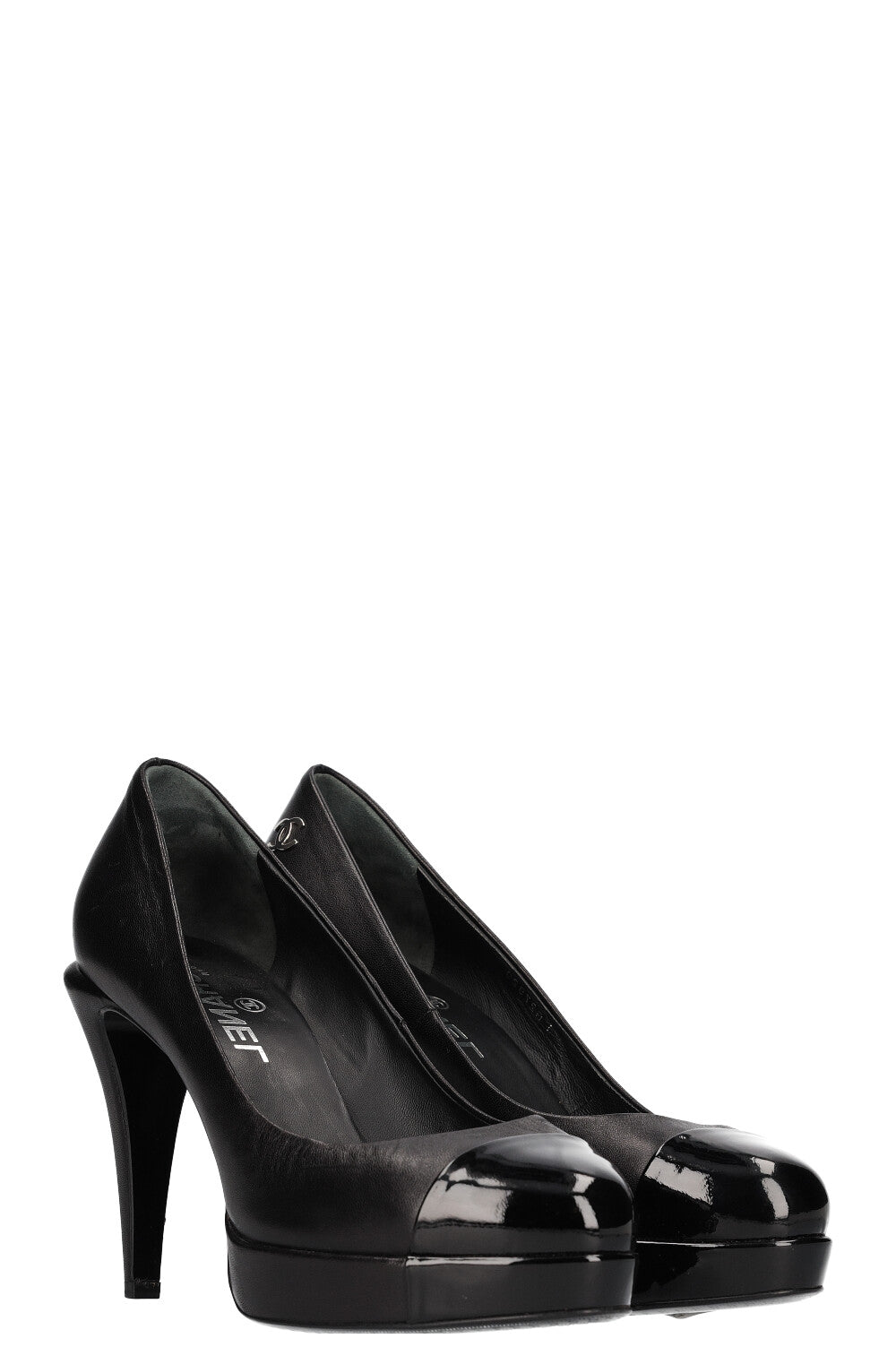 CHANEL Patent Cap Toe Heels Black