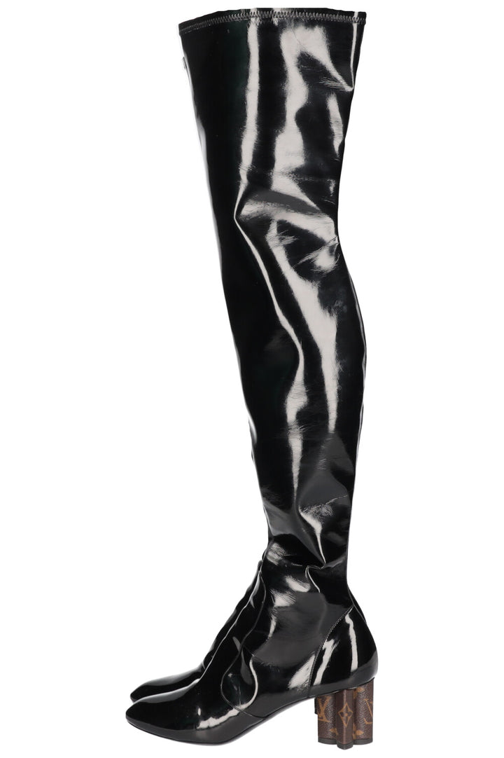 LOUIS VUITTON 2017 Patent Leather Over Knee Boots Black