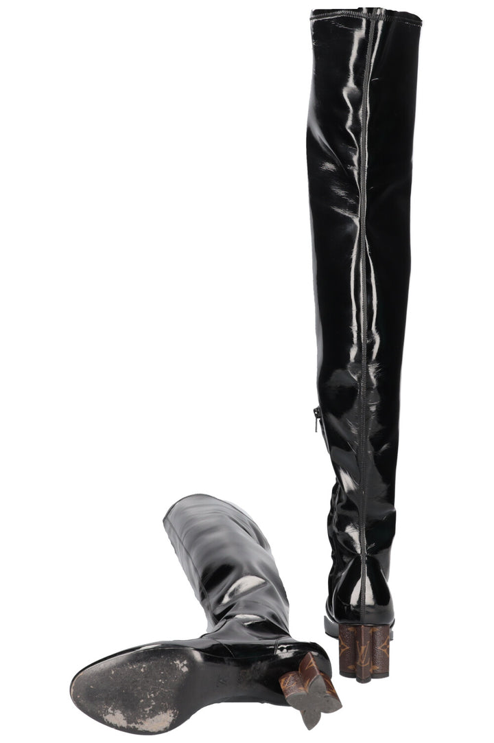 LOUIS VUITTON 2017 Patent Leather Over Knee Boots Black