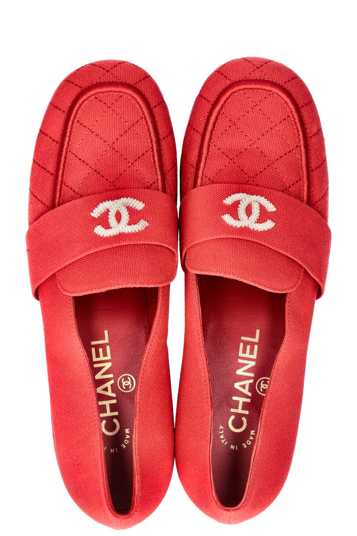 CHANEL Flats Diamond Quilted Canvas Red