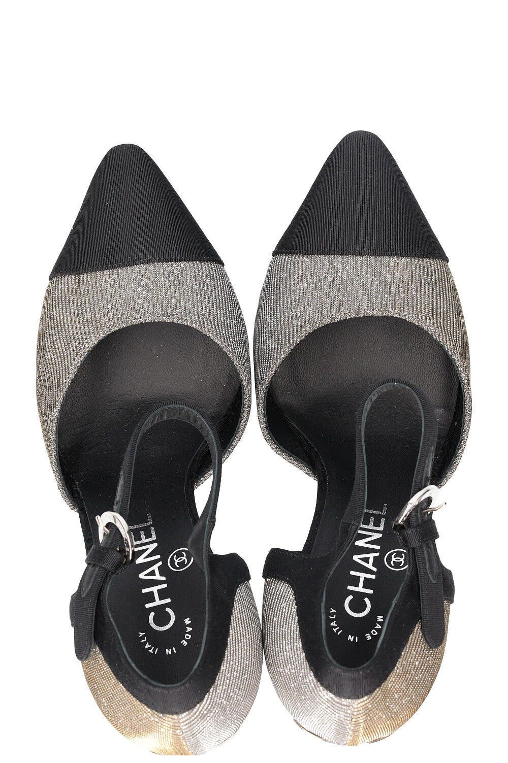 CHANEL Heels Glitter Grosgrain Black Silver