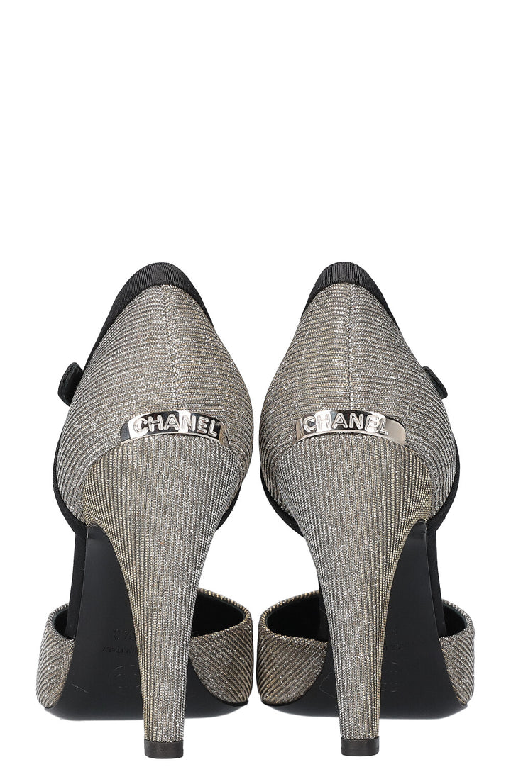 CHANEL Heels Glitter Grosgrain Black Silver