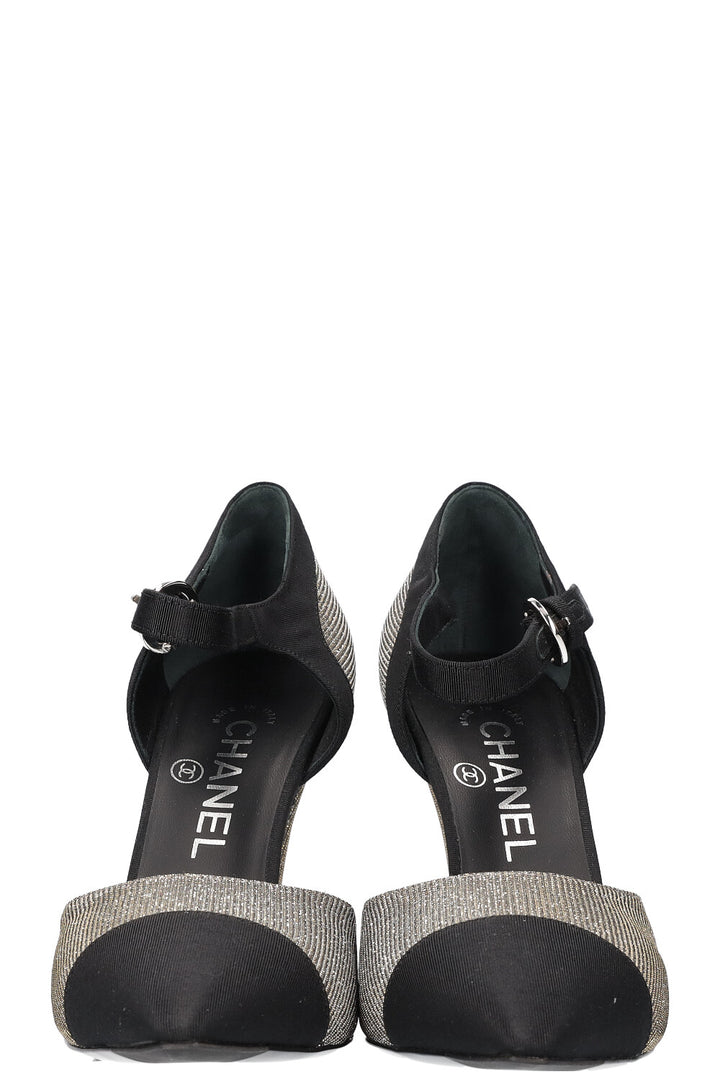 CHANEL Heels Glitter Grosgrain Black Silver