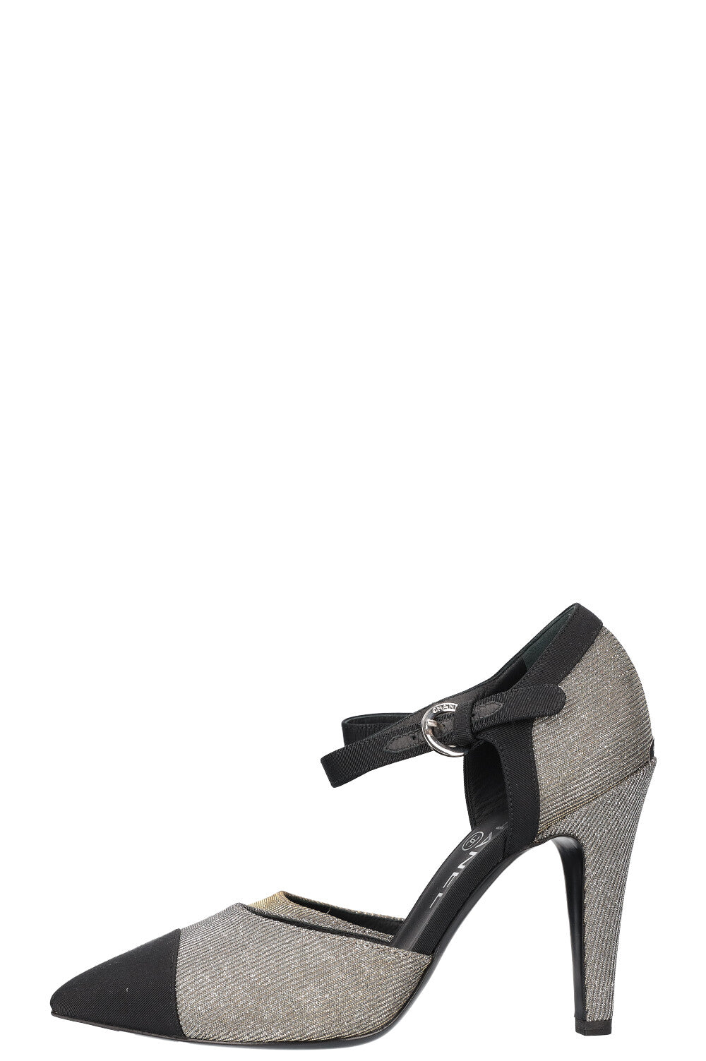 CHANEL Heels Glitter Grosgrain Black Silver
