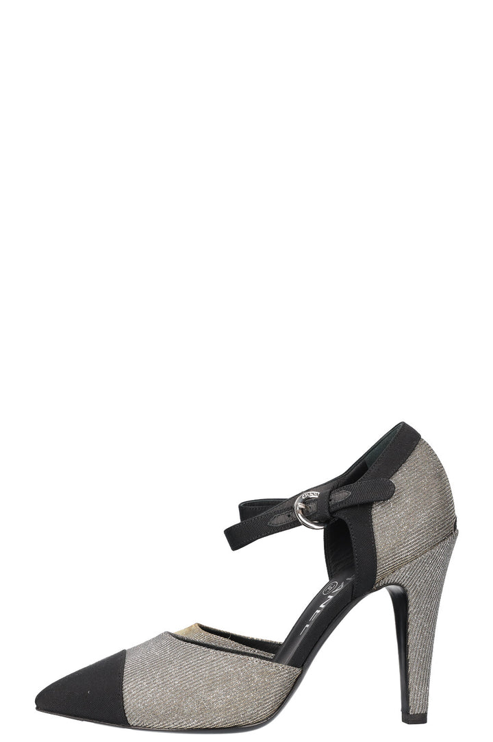 CHANEL Heels Glitter Grosgrain Black Silver