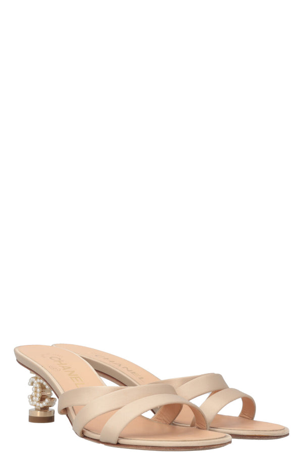 CHANEL CC Pearl Heels Satin Beige