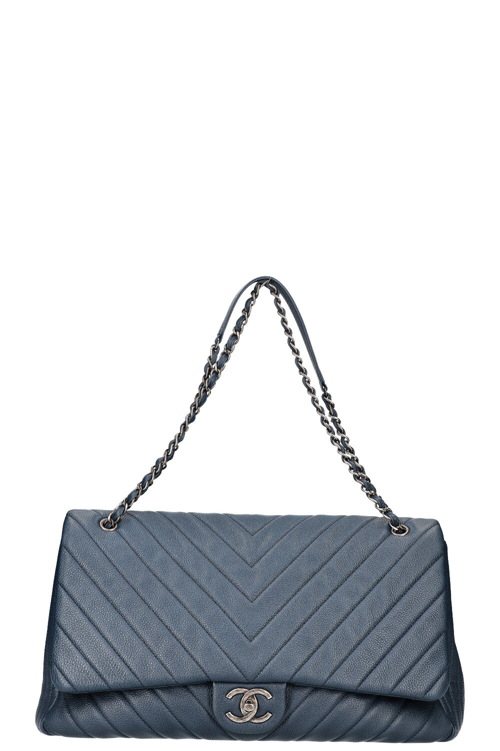 CHANEL XXL Single Flap Bag Chevron Calfskin Navy