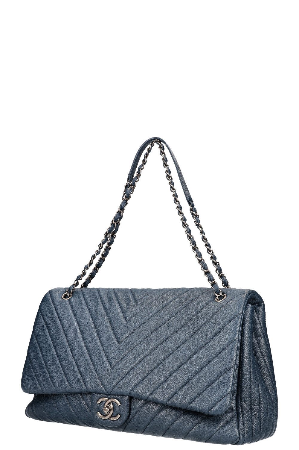 CHANEL XXL Single Flap Bag Chevron Calfskin Navy