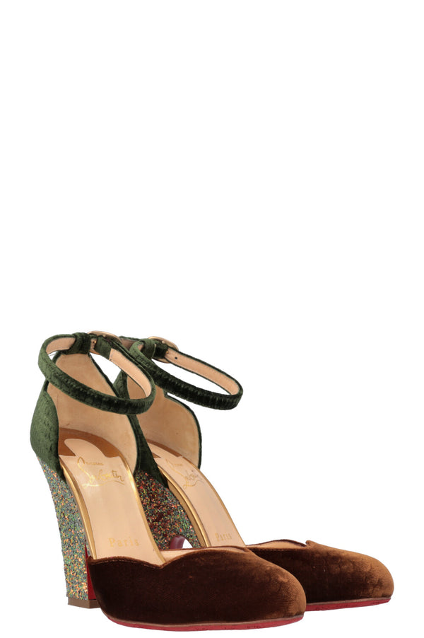 CHRISTIAN LOUBOUTIN Glitter Heels Velvet Green Bronze