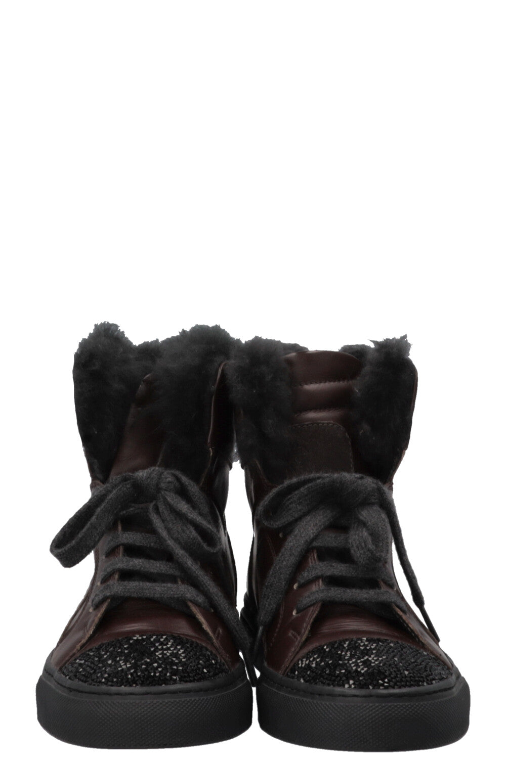 BRUNELLO CUCINELLI High Top Strass Fur Sneakers Leather Brown