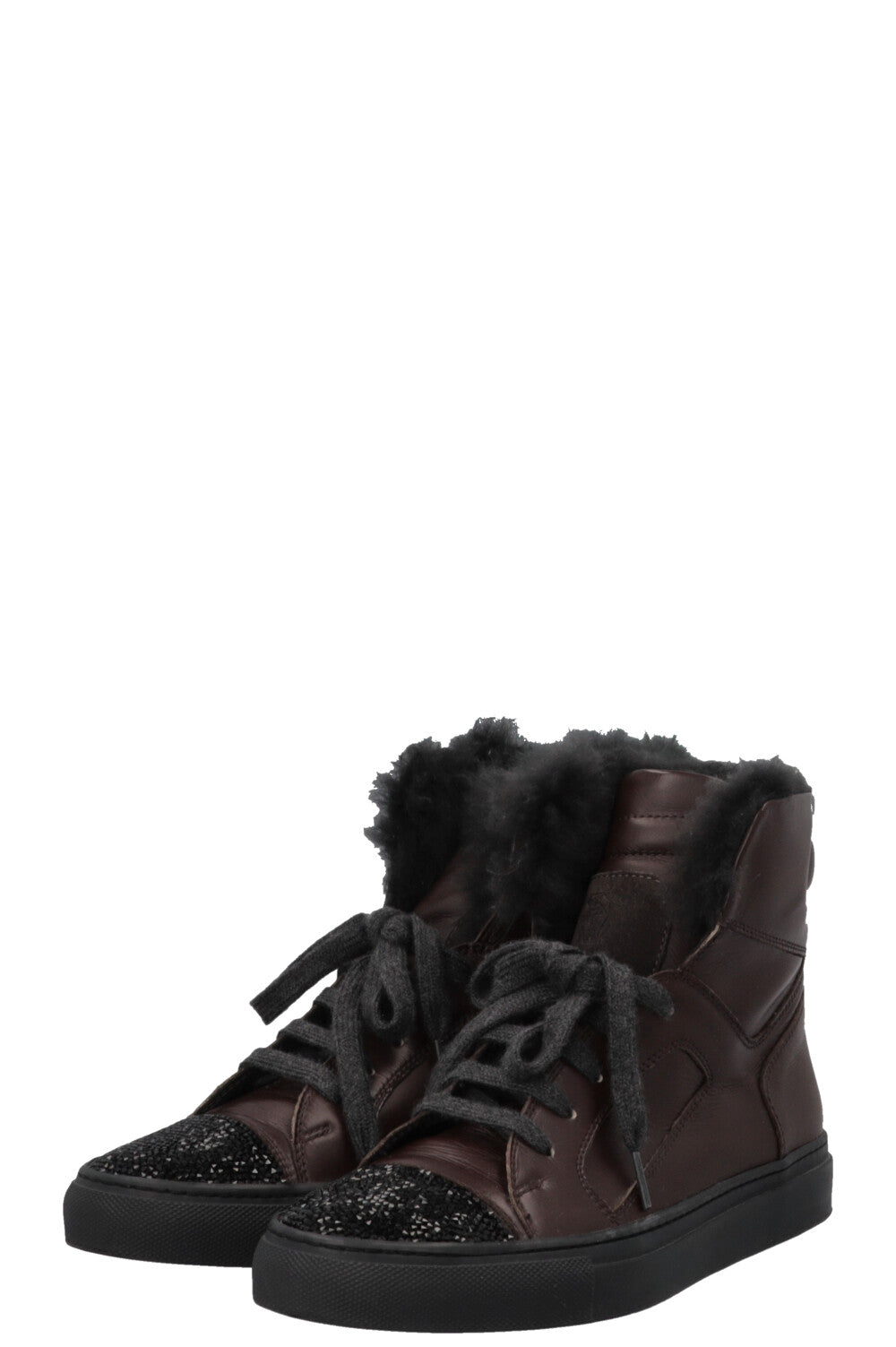 BRUNELLO CUCINELLI High Top Strass Fur Sneakers Leather Brown
