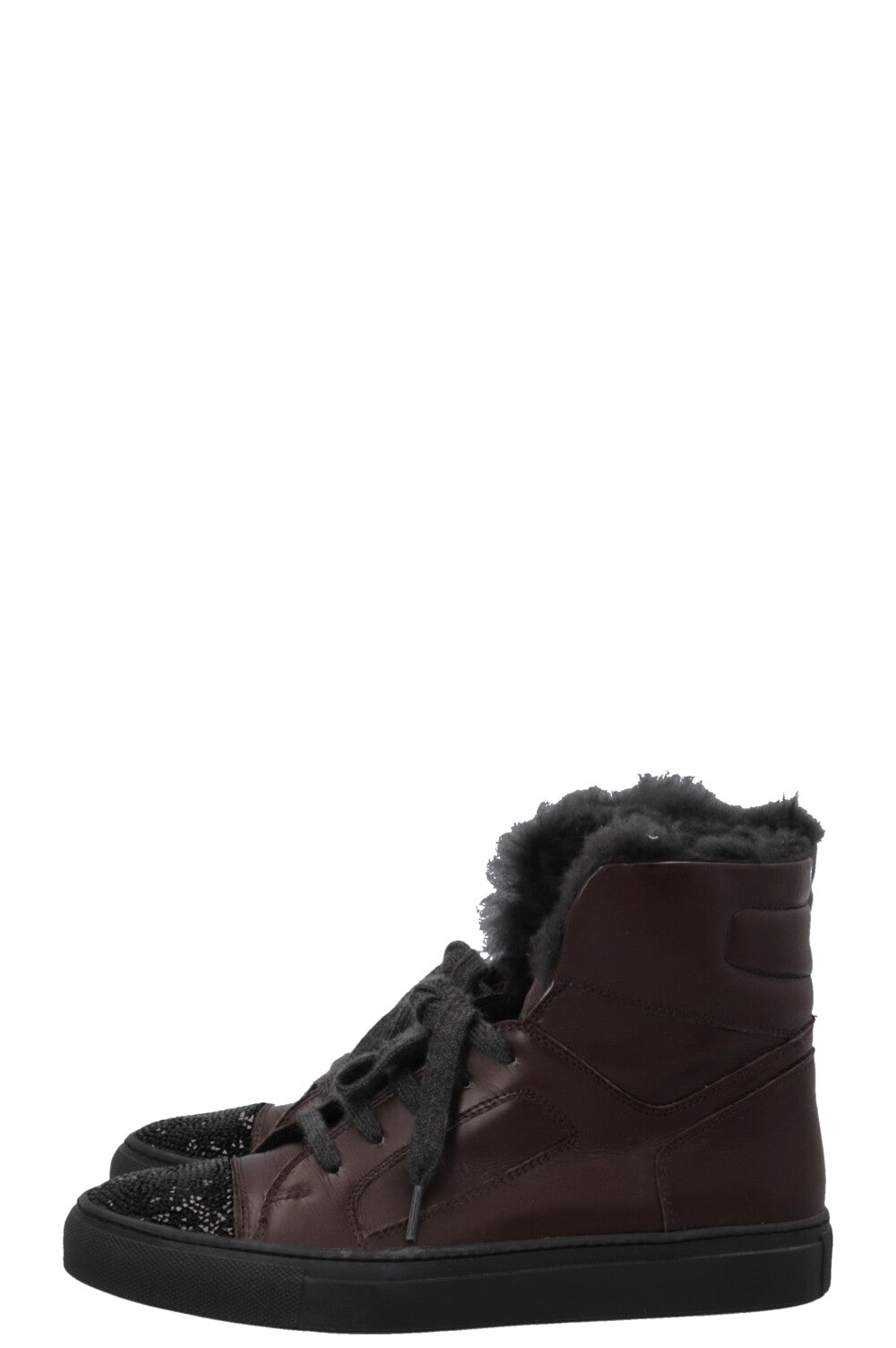 BRUNELLO CUCINELLI High Top Strass Fur Sneakers Leather Brown