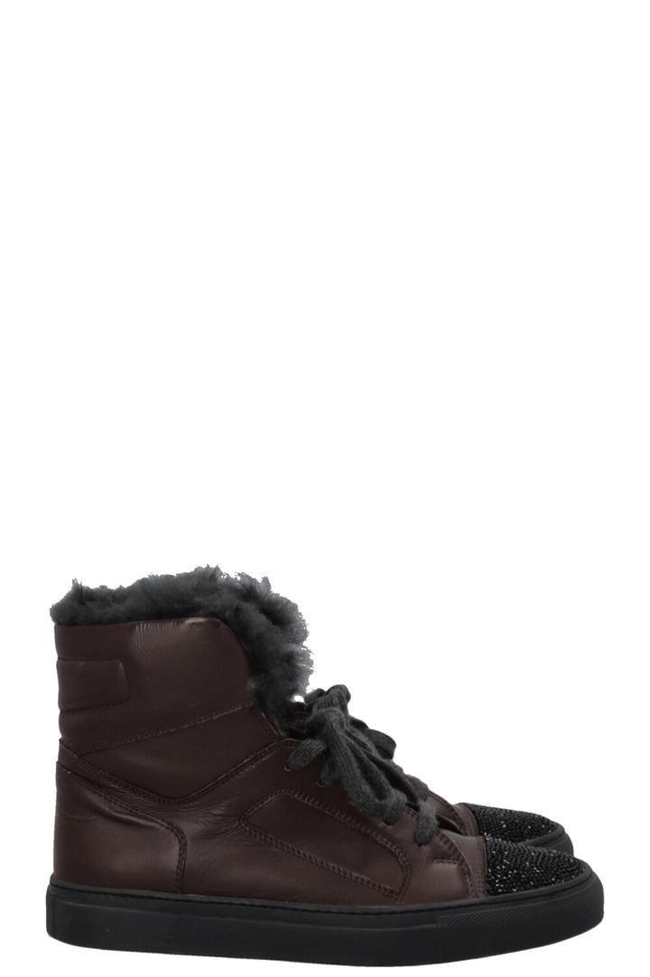 BRUNELLO CUCINELLI High Top Strass Fur Sneakers Leather Brown