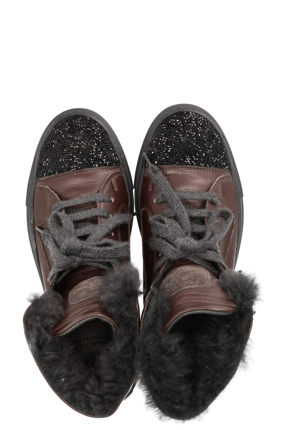 BRUNELLO CUCINELLI High Top Strass Fur Sneakers Leather Brown