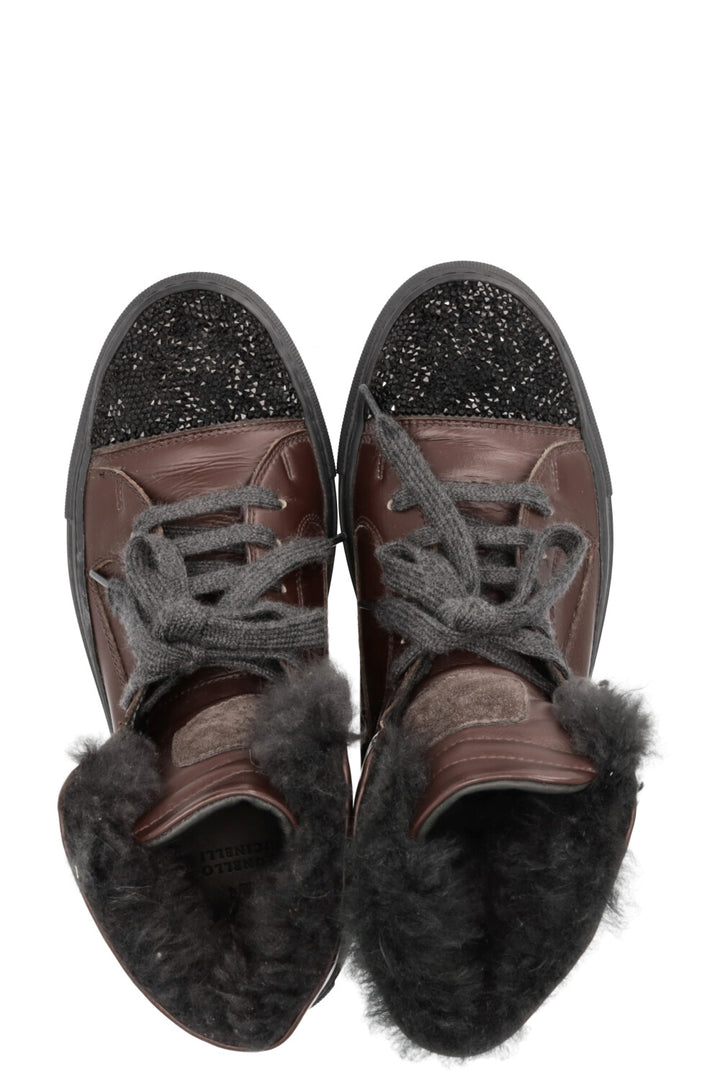 BRUNELLO CUCINELLI High Top Strass Fur Sneakers Leather Brown