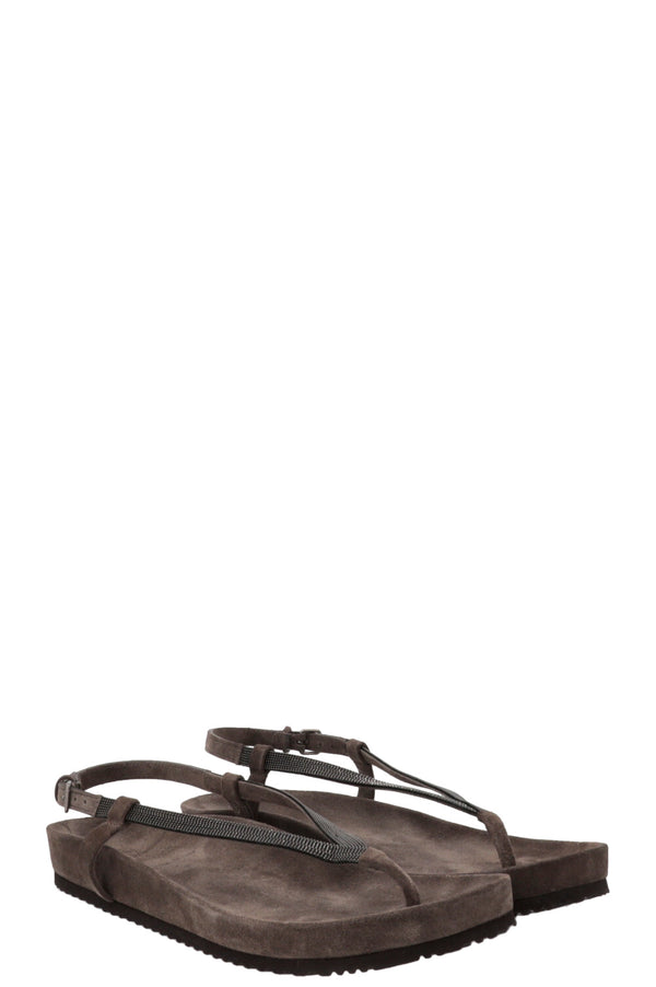 BRUNELLO CUCINELLI Monili Strappy Thong Sandals Leather Brown