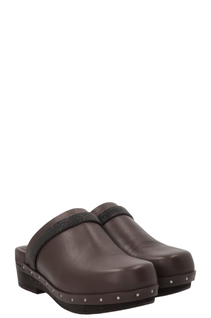 BRUNELLO CUCINELLI Monili-trimmed leather clogs in brown