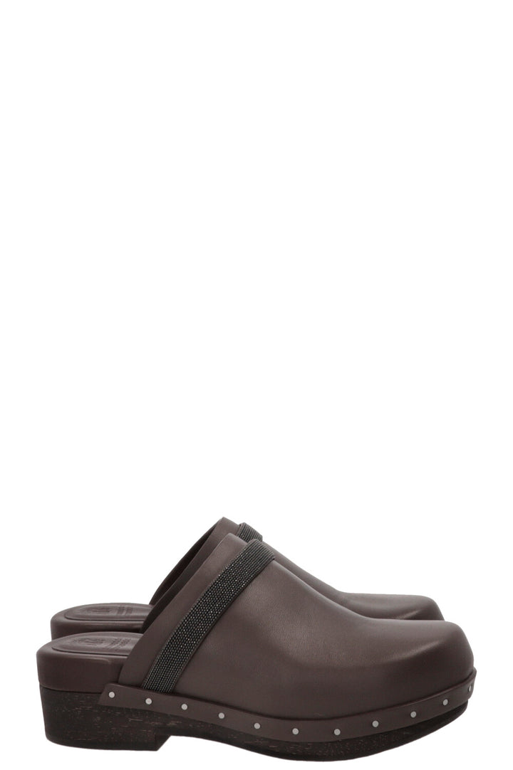 BRUNELLO CUCINELLI Monili-trimmed leather clogs in brown
