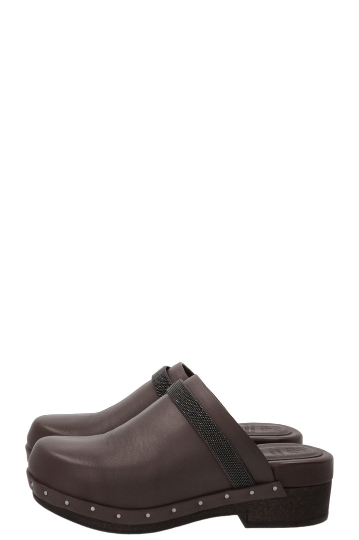 BRUNELLO CUCINELLI Monili-trimmed leather clogs in brown
