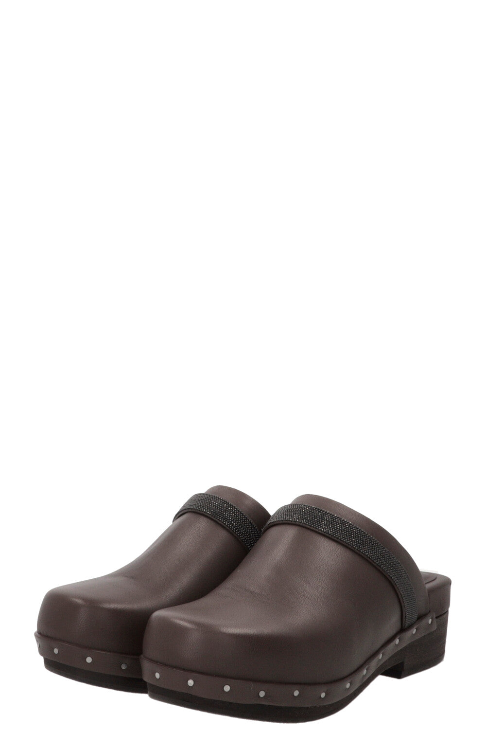BRUNELLO CUCINELLI Monili-trimmed leather clogs in brown