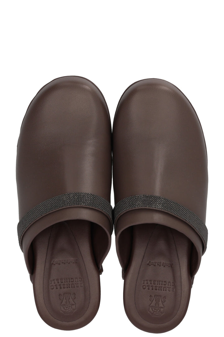 BRUNELLO CUCINELLI Monili-trimmed leather clogs in brown