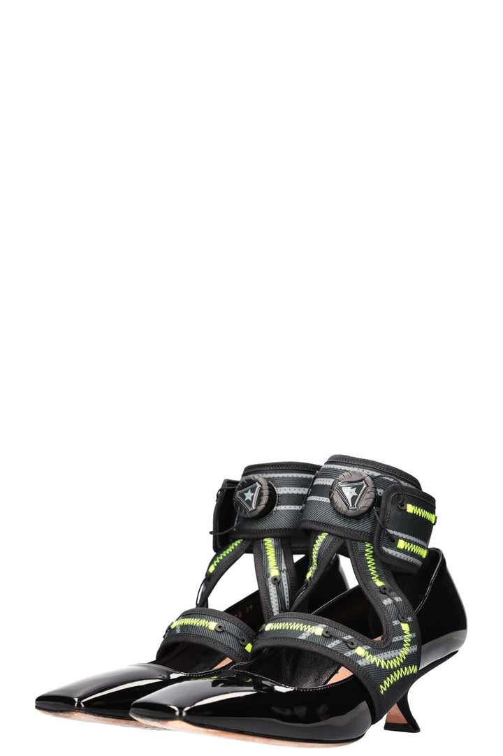 CHRISTIAN DIOR 62-22 Heels Patent Black &amp; Neon Yellow