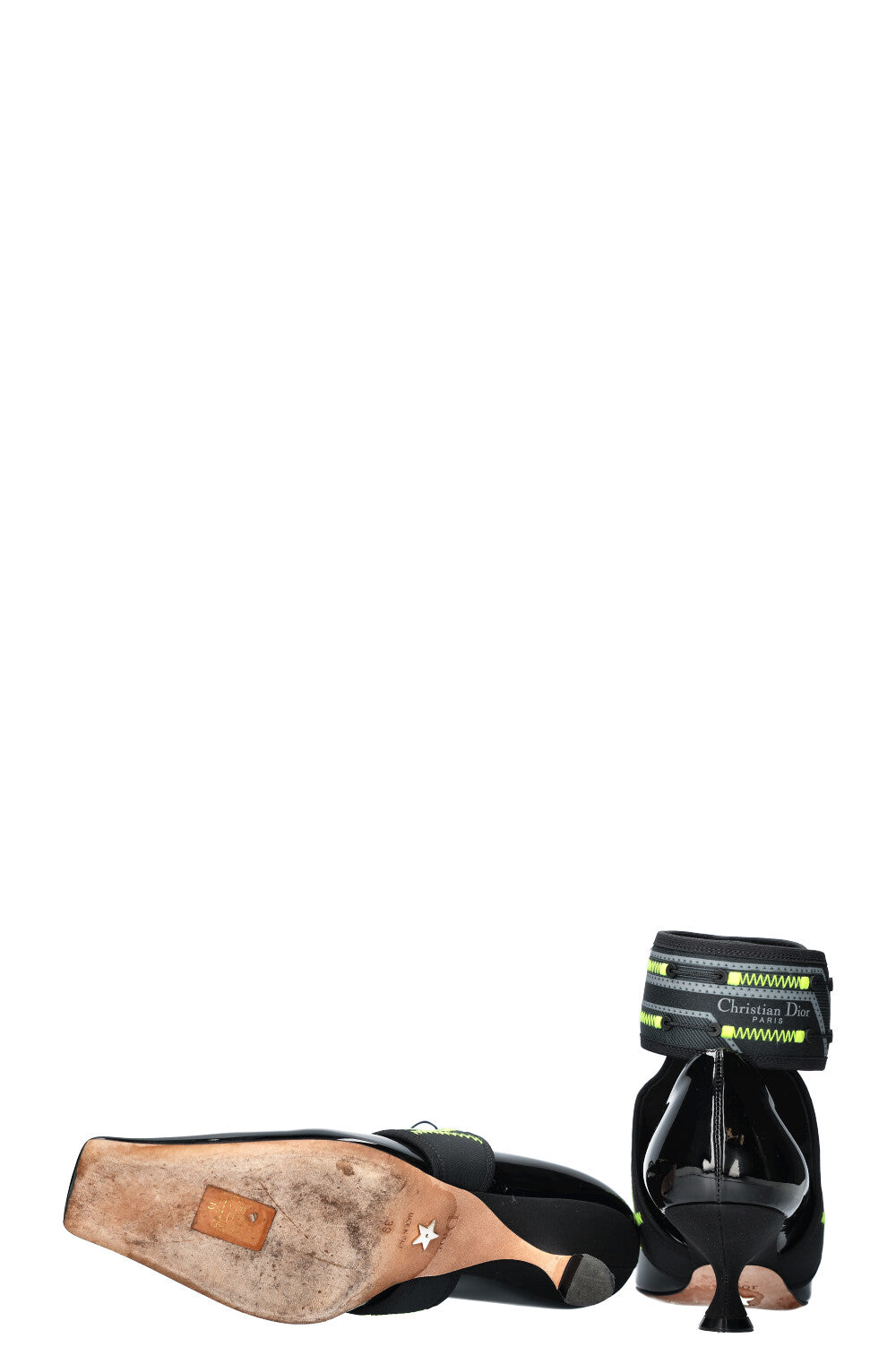 CHRISTIAN DIOR 62-22 Heels Patent Black &amp; Neon Yellow