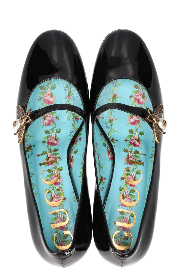 GUCCI Bee Mary Janes Heels Patent Black